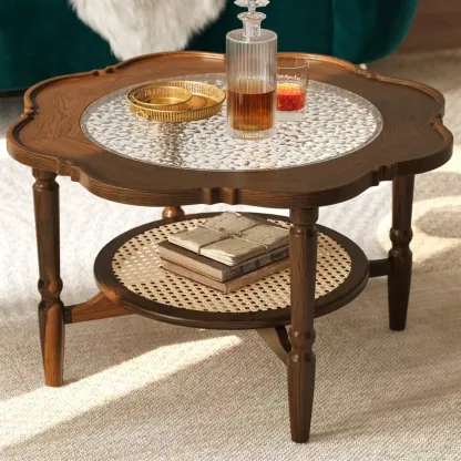 Classic 2-Layer Walnut Finish Wood Coffee Table in Glass Top Image - 2