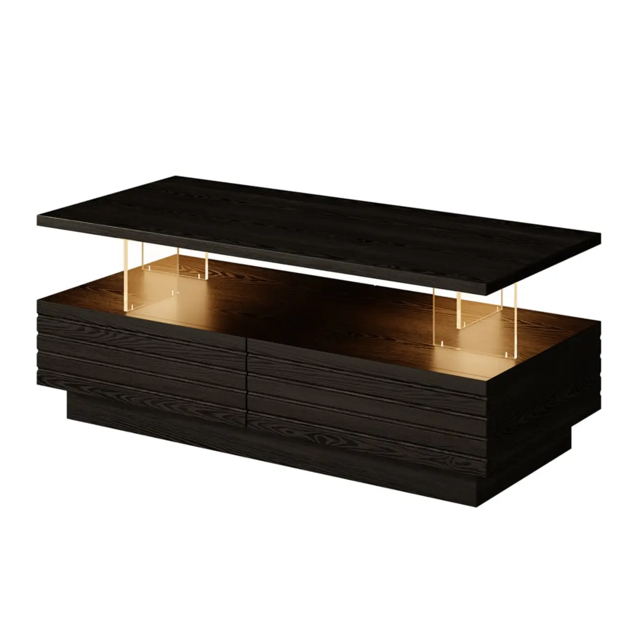 Two-Layer Rectangular LED Lighting Black Coffee Table with Storage Image - 7 | homeyfad