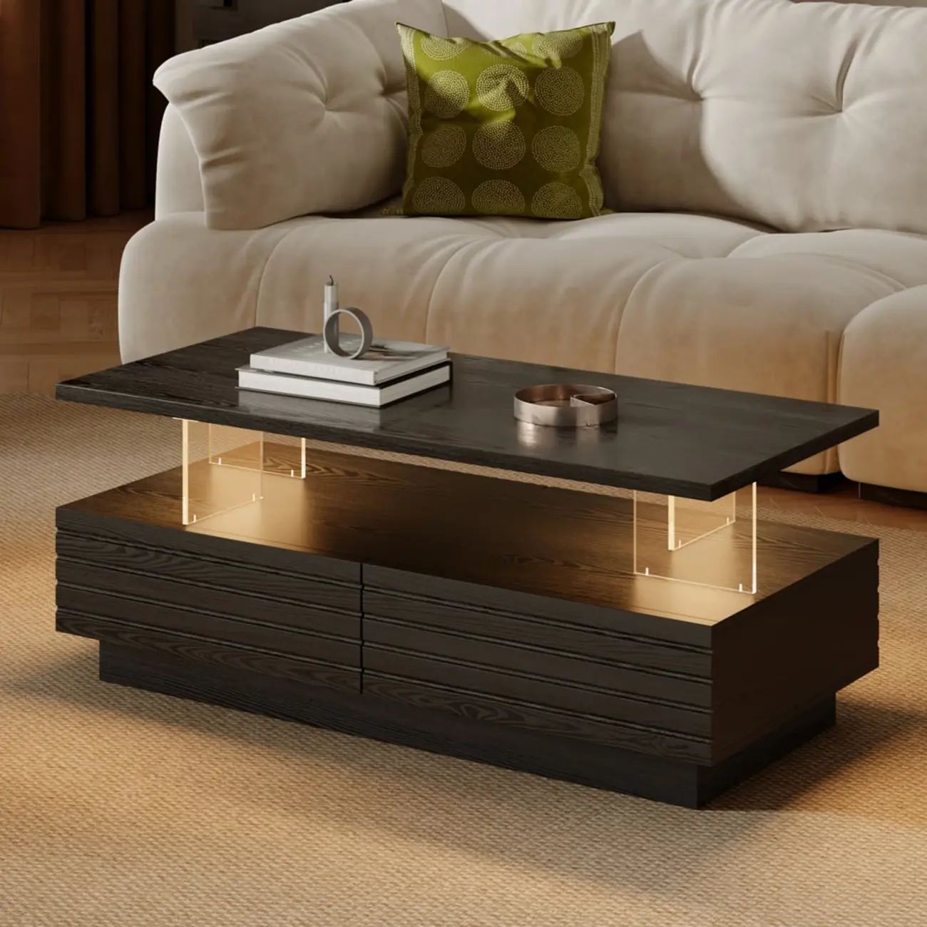 Two-Layer Rectangular LED Lighting Black Coffee Table with Storage Image - 1 | homeyfad