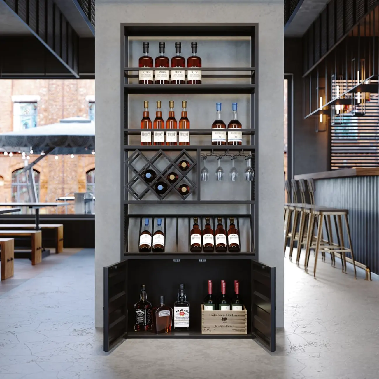 Industrial Freestanding Metal Wine Rack with Doors Image - 2 | homeyfad