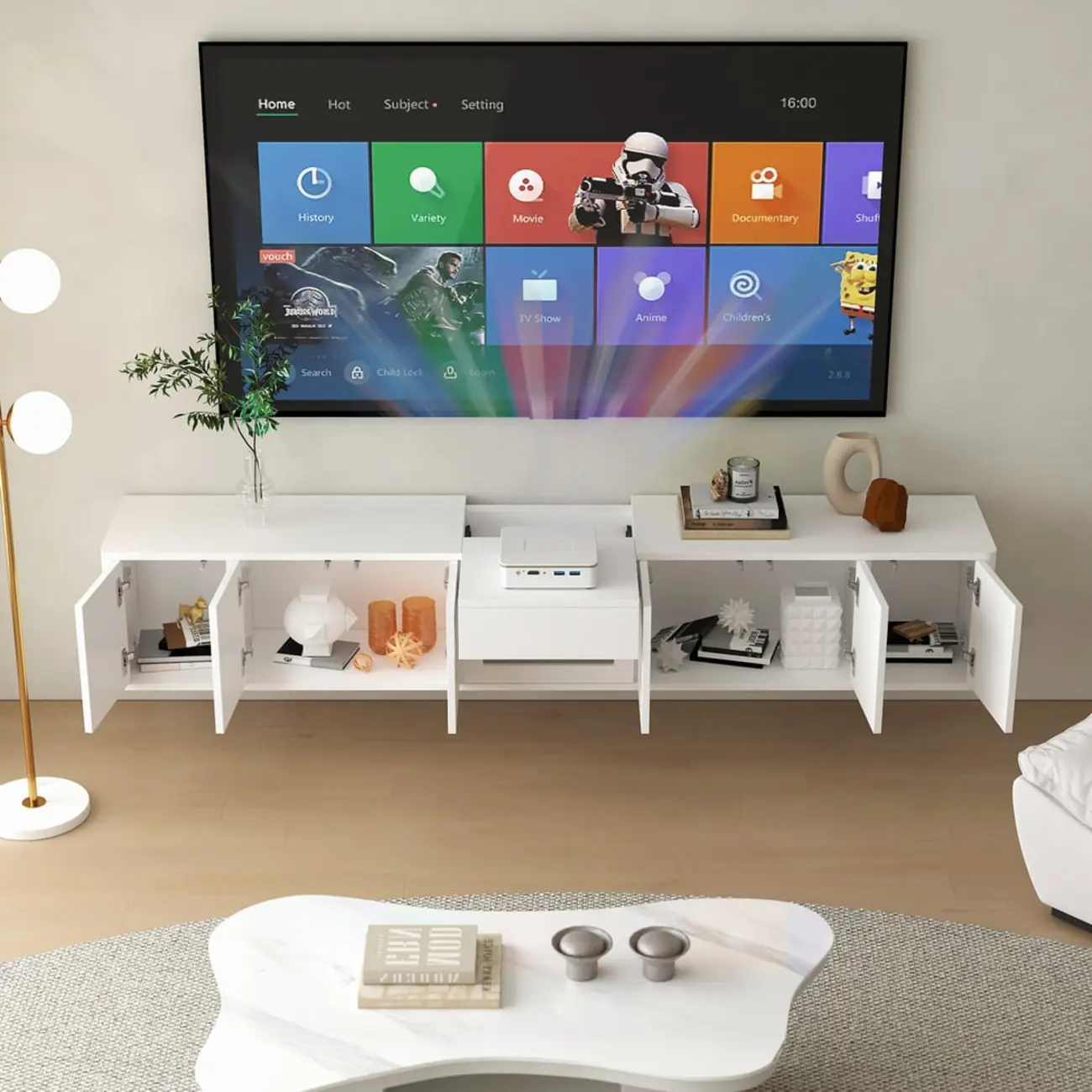 Modern Long Floating White TV Stand with Drawers Image - 5 | homeyfad