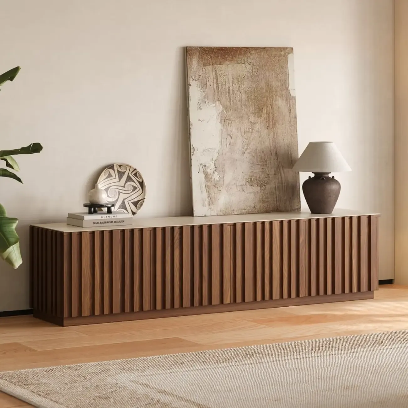 Mid-Century Wooden Slatted Walnut TV Stand with Doors Image - 4