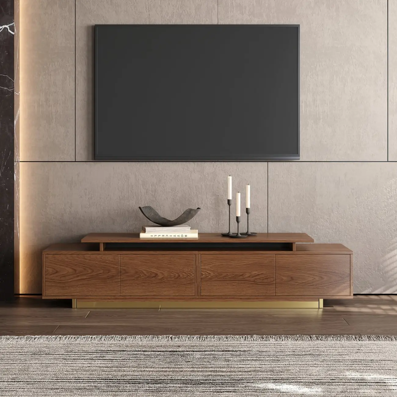 Extendable Walnut Wooden Open Storage TV Stand Image - 5 | homeyfad
