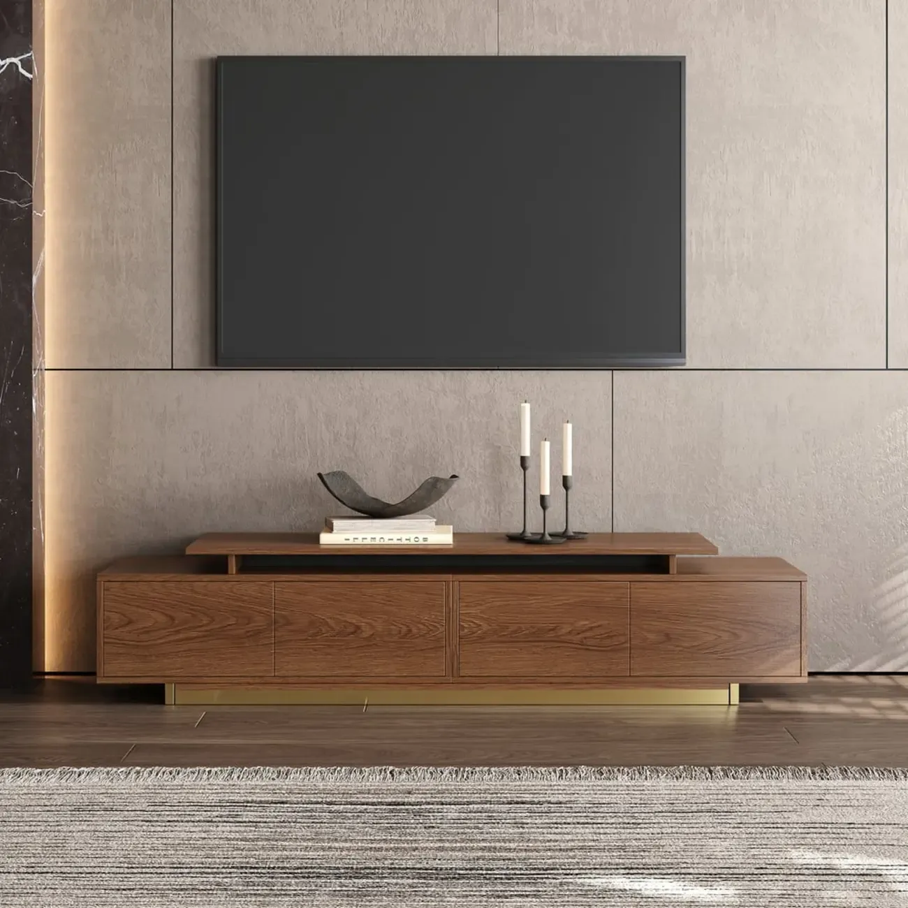 Extendable Walnut Wooden Open Storage TV Stand Image - 5
