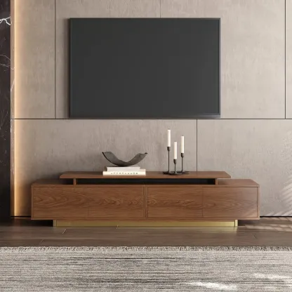 Extendable Walnut Wooden Open Storage TV Stand Image - 5
