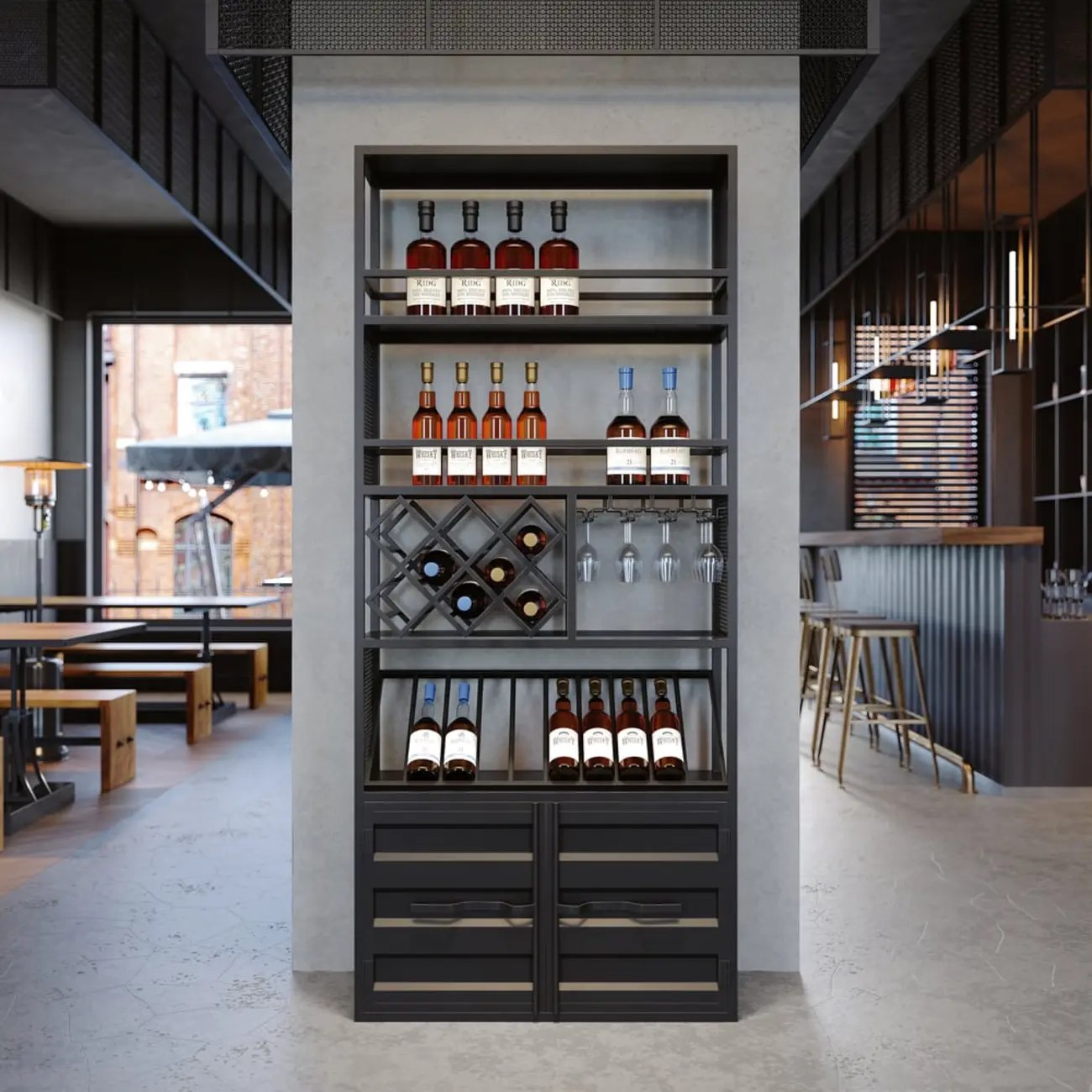 Industrial Freestanding Metal Wine Rack with Doors Image - 1 | homeyfad