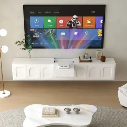 Modern Long Floating White TV Stand with Drawers Image - 4