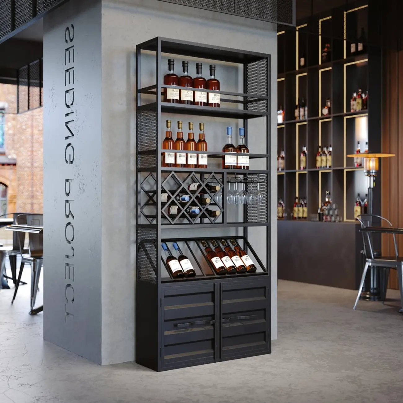 Industrial Freestanding Metal Wine Rack with Doors Image - 4 | homeyfad