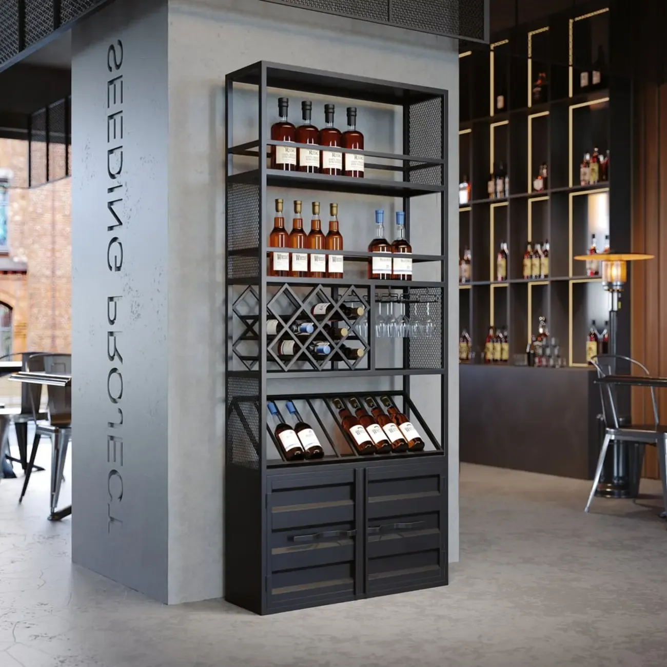Industrial Freestanding Metal Wine Rack with Doors Image - 4
