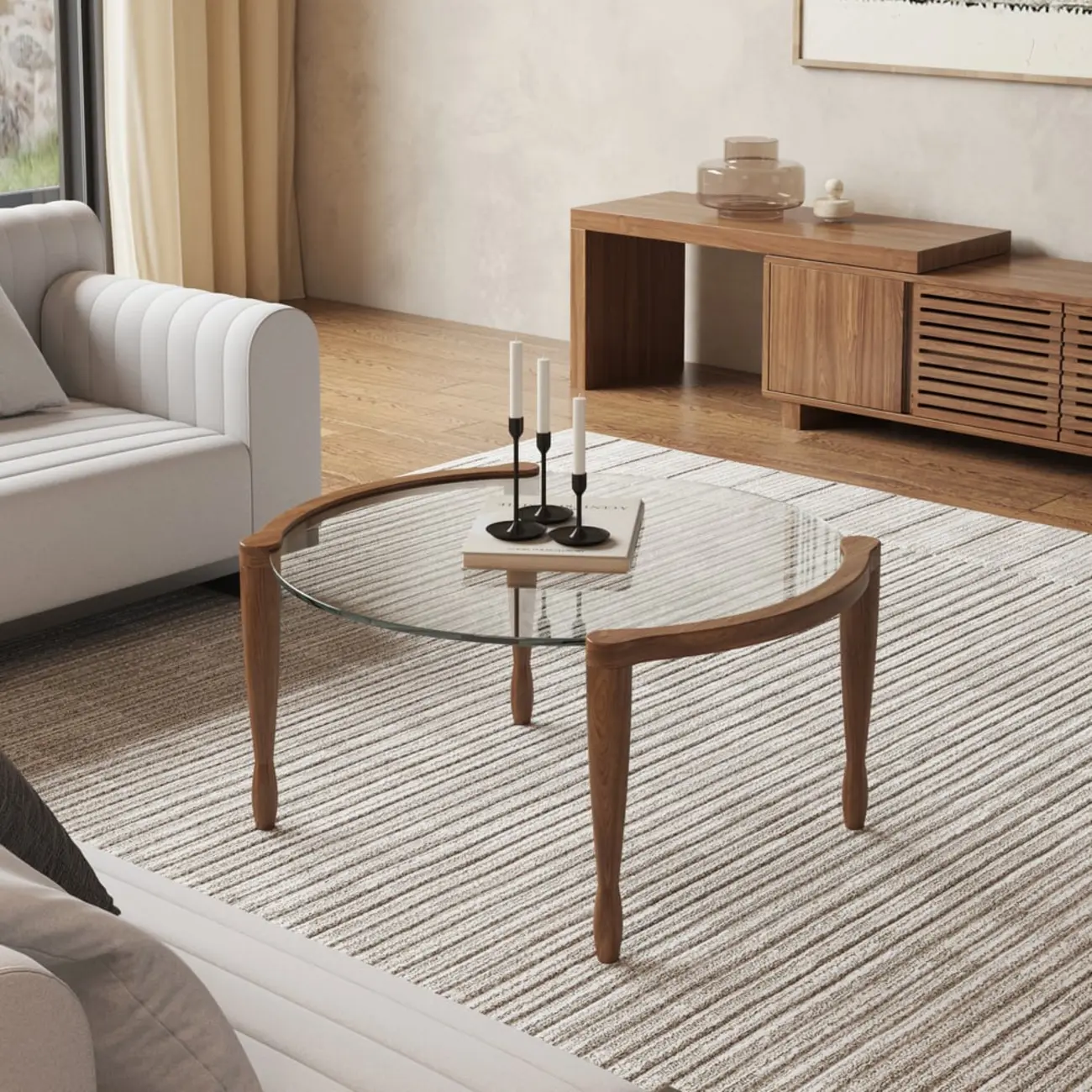 Vintage Solid Wood Clear Glass Round Coffee Table with 4 Legs Image - 5 | homeyfad