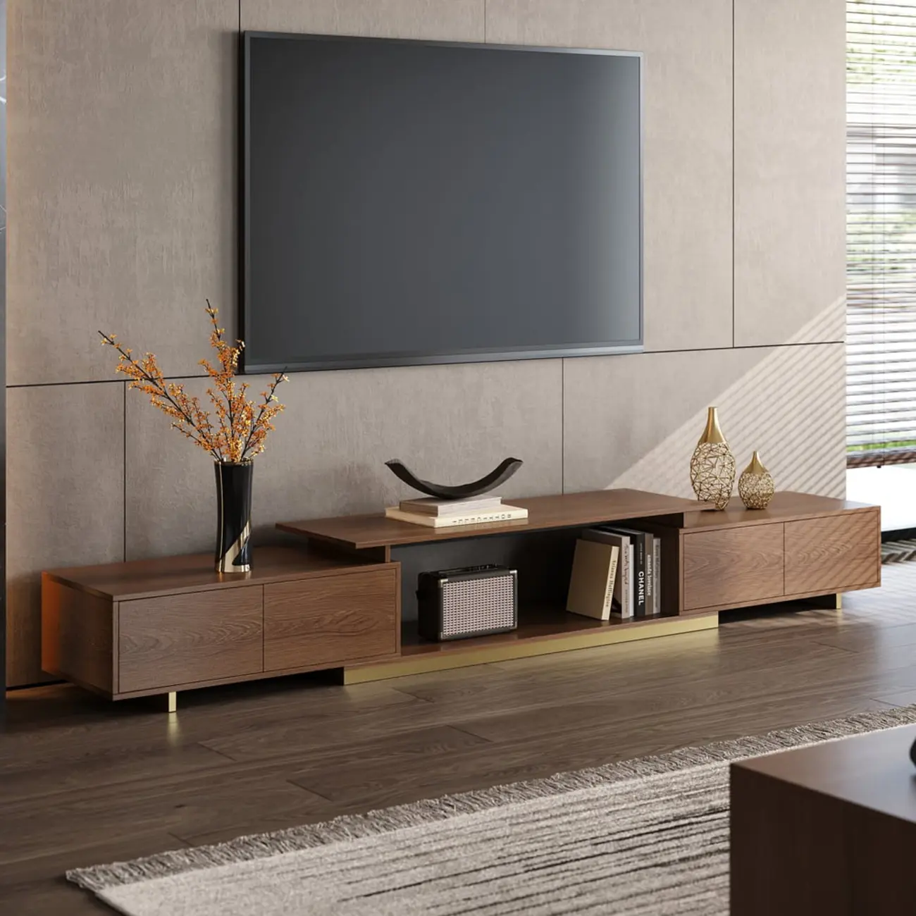Extendable Walnut Wooden Open Storage TV Stand Image - 2 | homeyfad