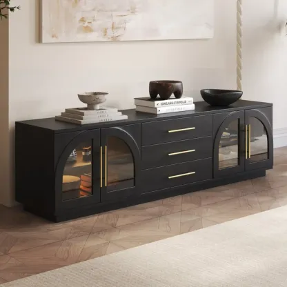 LED 3-Drawer Wooden Arched Glass Doors TV Stand Image - 2