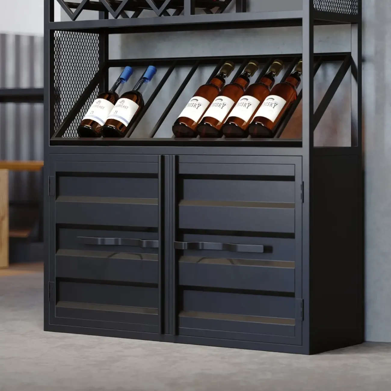 Industrial Freestanding Metal Wine Rack with Doors Image - 10