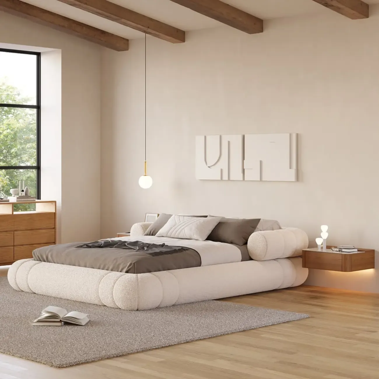 Wireless Cherry Wood Floating Nightstand with Drawers & Light Image - 5