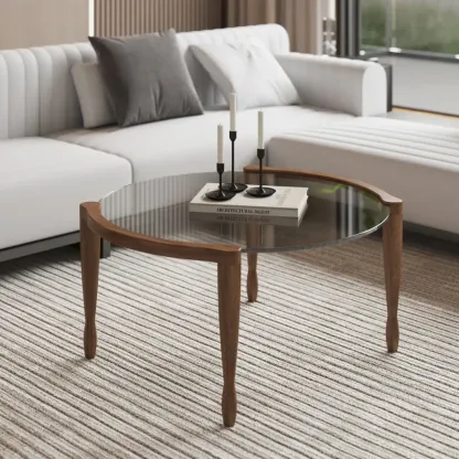 Vintage Solid Wood Clear Glass Round Coffee Table with 4 Legs Image - 2