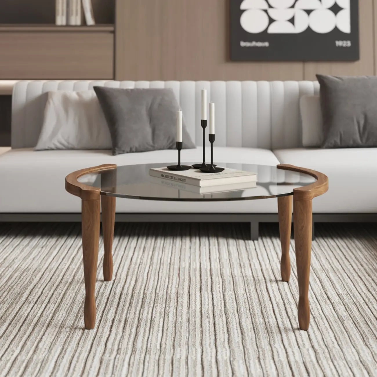 Vintage Solid Wood Clear Glass Round Coffee Table with 4 Legs Image - 4 | homeyfad