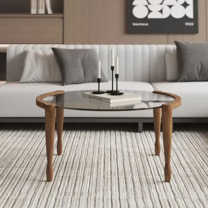 Vintage Solid Wood Clear Glass Round Coffee Table with 4 Legs Image - 4