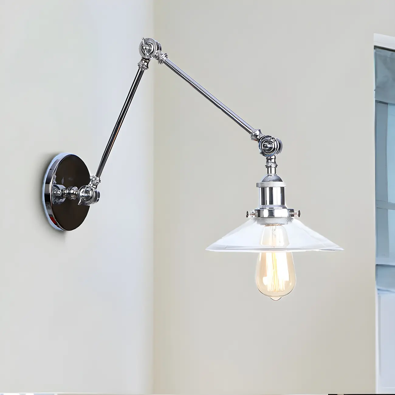 Industrial Clear Shade Sliver Swing Arm Wall Light Image - 1 | homeyfad