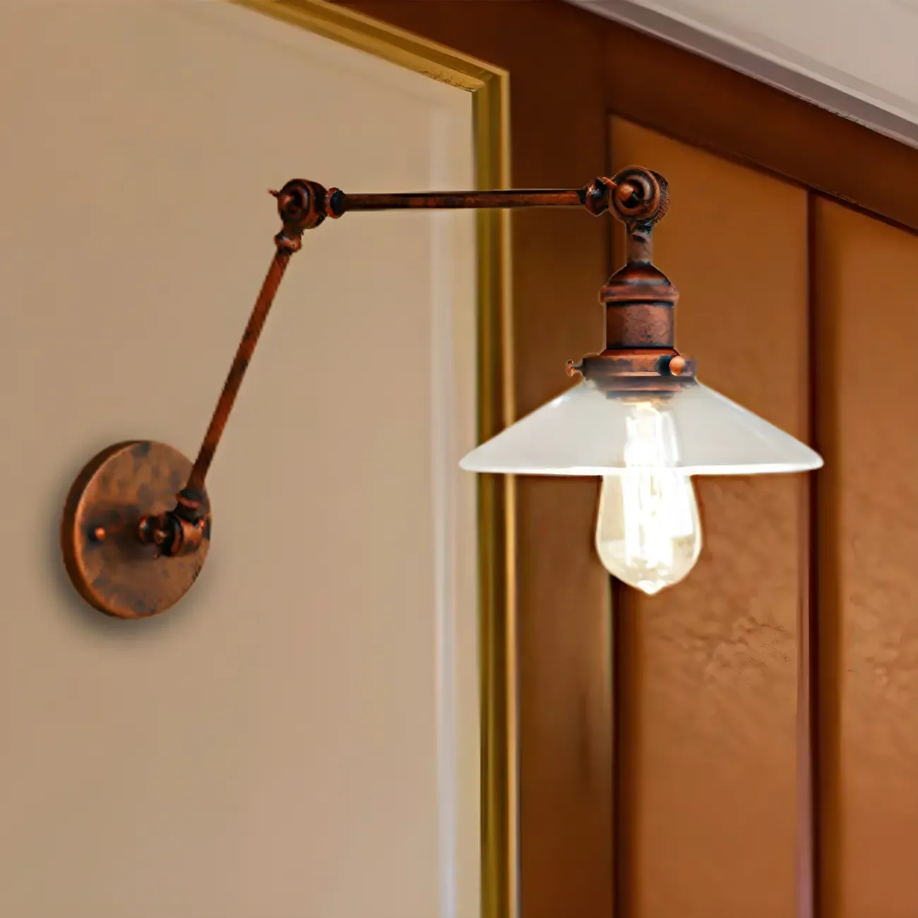 Antique Brass Glass Industrial Swing Arm Wall Light | HomeyFad