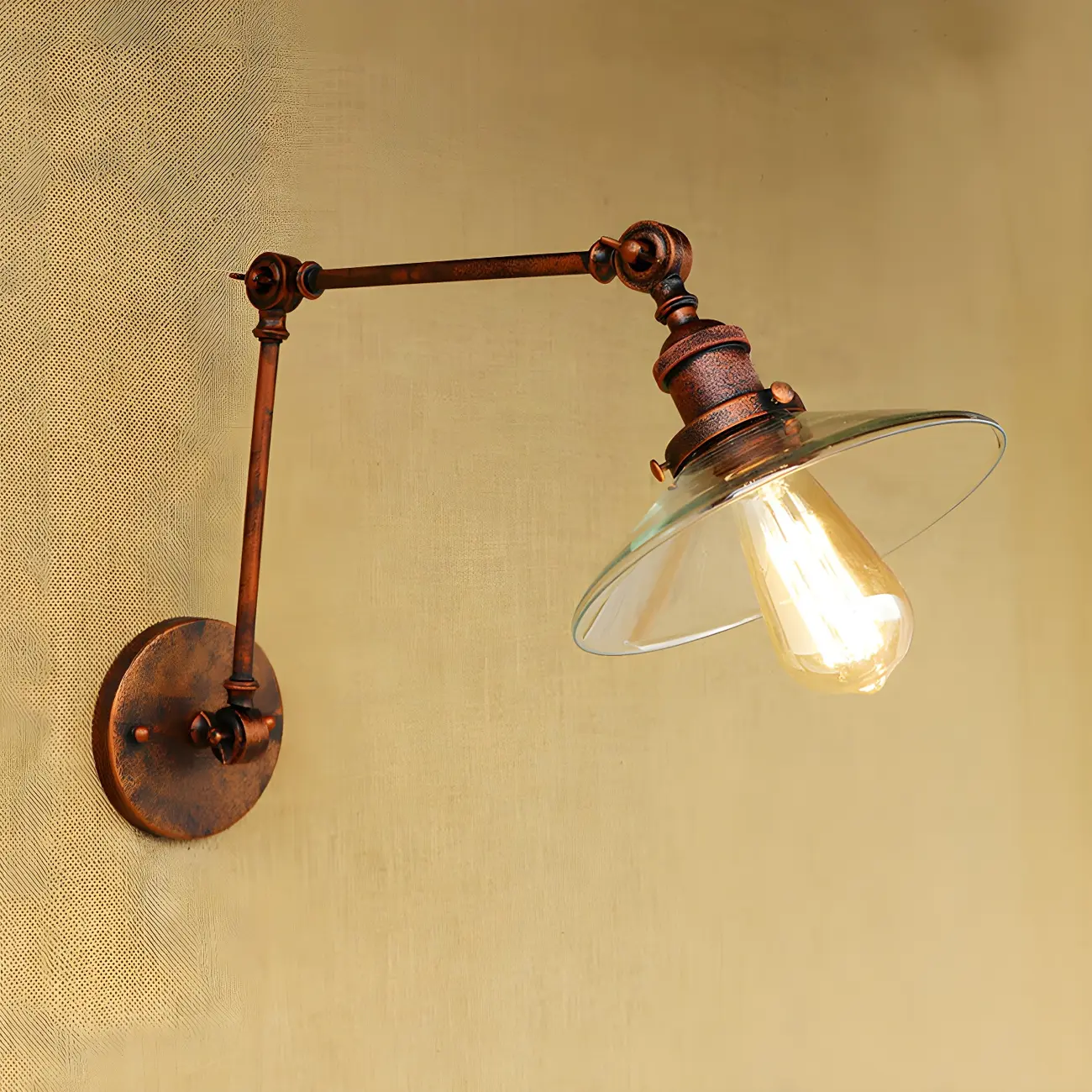 Antique Brass Glass Industrial Swing Arm Wall Light Image - 2 | homeyfad
