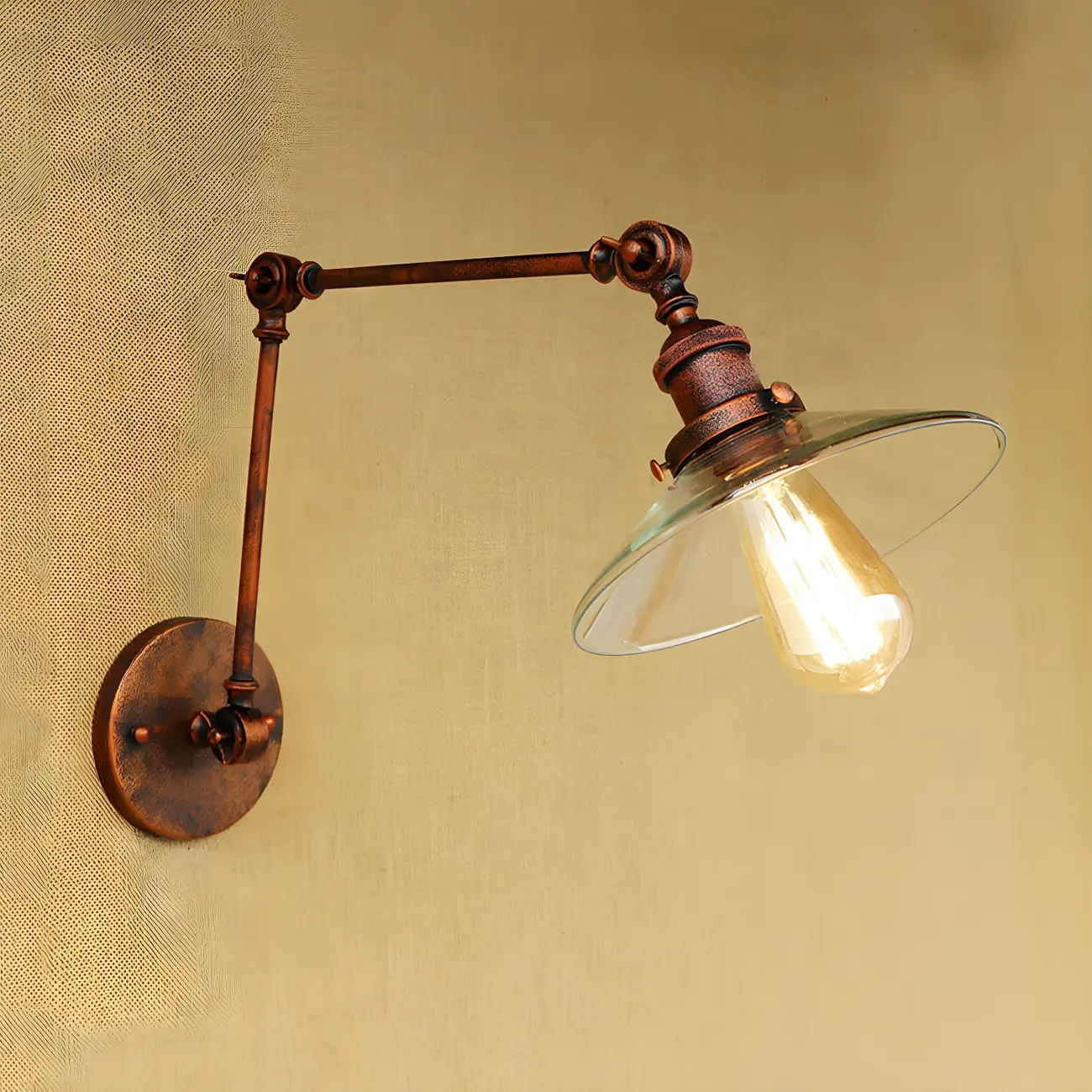 Antique Brass Glass Industrial Swing Arm Wall Light Image - 2