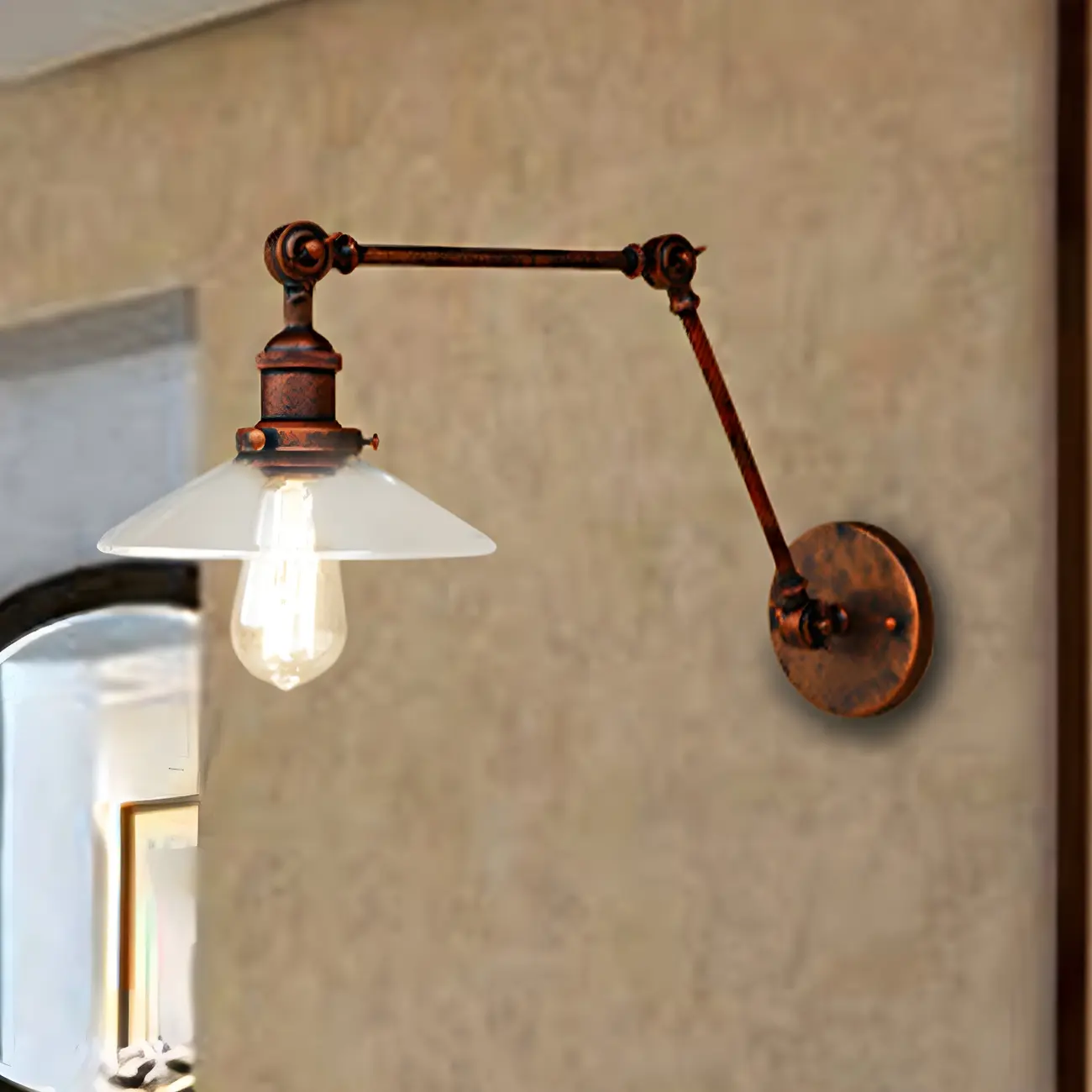 Antique Brass Glass Industrial Swing Arm Wall Light Image - 3 | homeyfad
