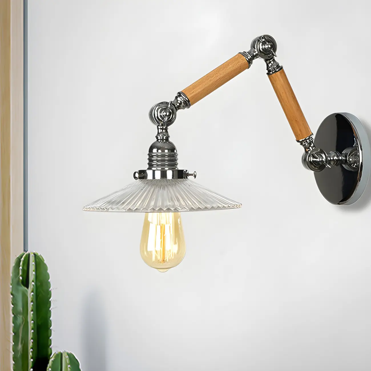 Industrial Glossy Swing Arm Wall Light with Wavy Glass Shade Image - 1 | homeyfad