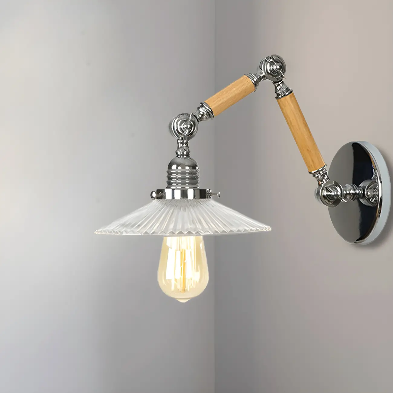 Industrial Glossy Swing Arm Wall Light with Wavy Glass Shade Image - 3 | homeyfad