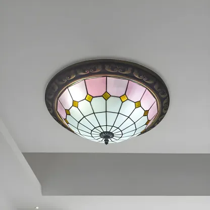 Vintage Stained Glass Dome Shade Flush Mount Ceiling Light