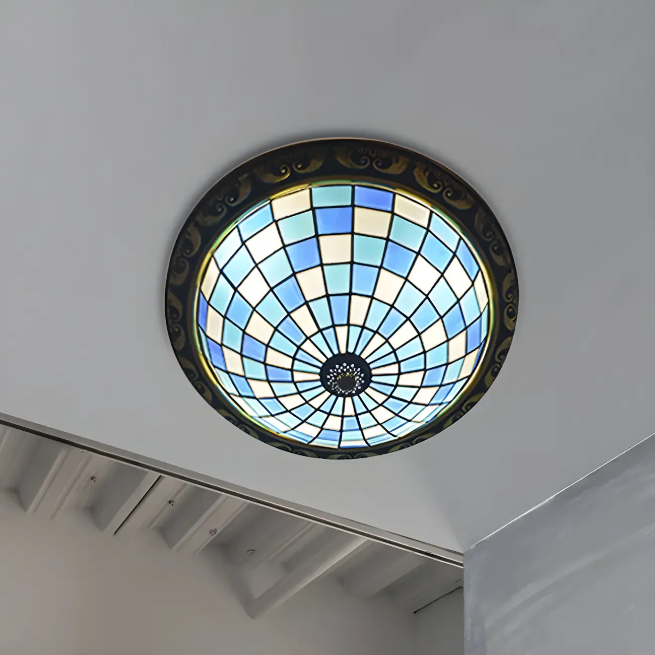 Vintage Stained Glass Dome Shade Flush Mount Ceiling Light