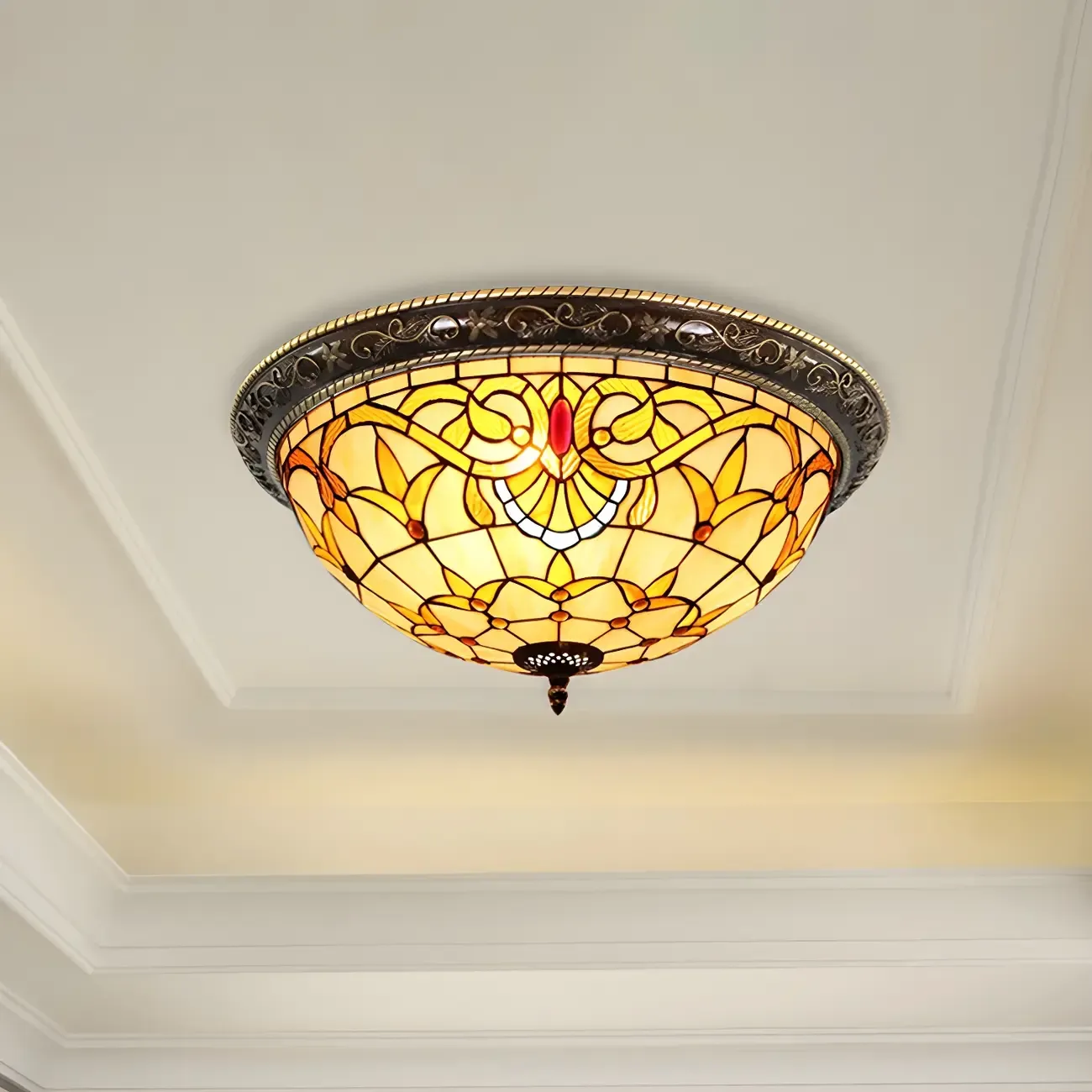 Vintage Stained Glass Dome Shade Flush Mount Ceiling Light