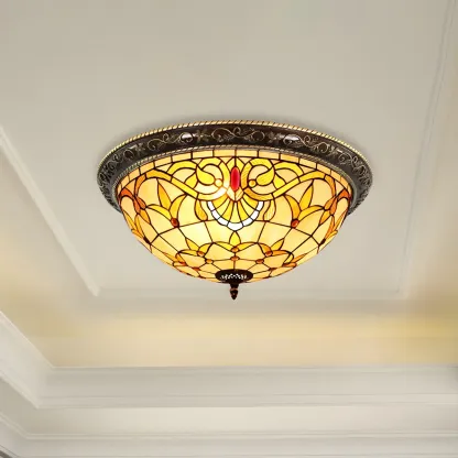Vintage Stained Glass Dome Shade Flush Mount Ceiling Light
