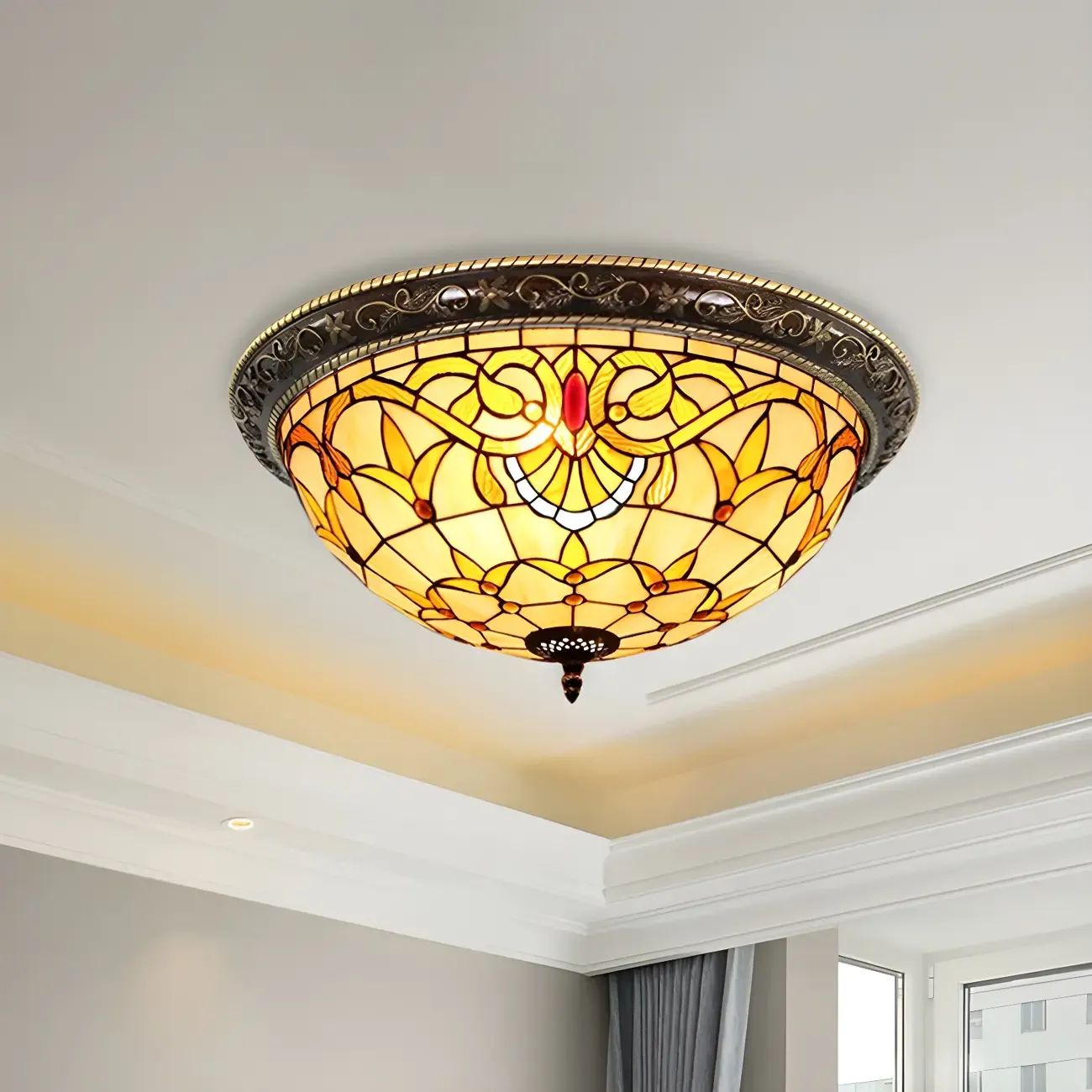 Vintage Stained Glass Dome Shade Flush Mount Ceiling Light