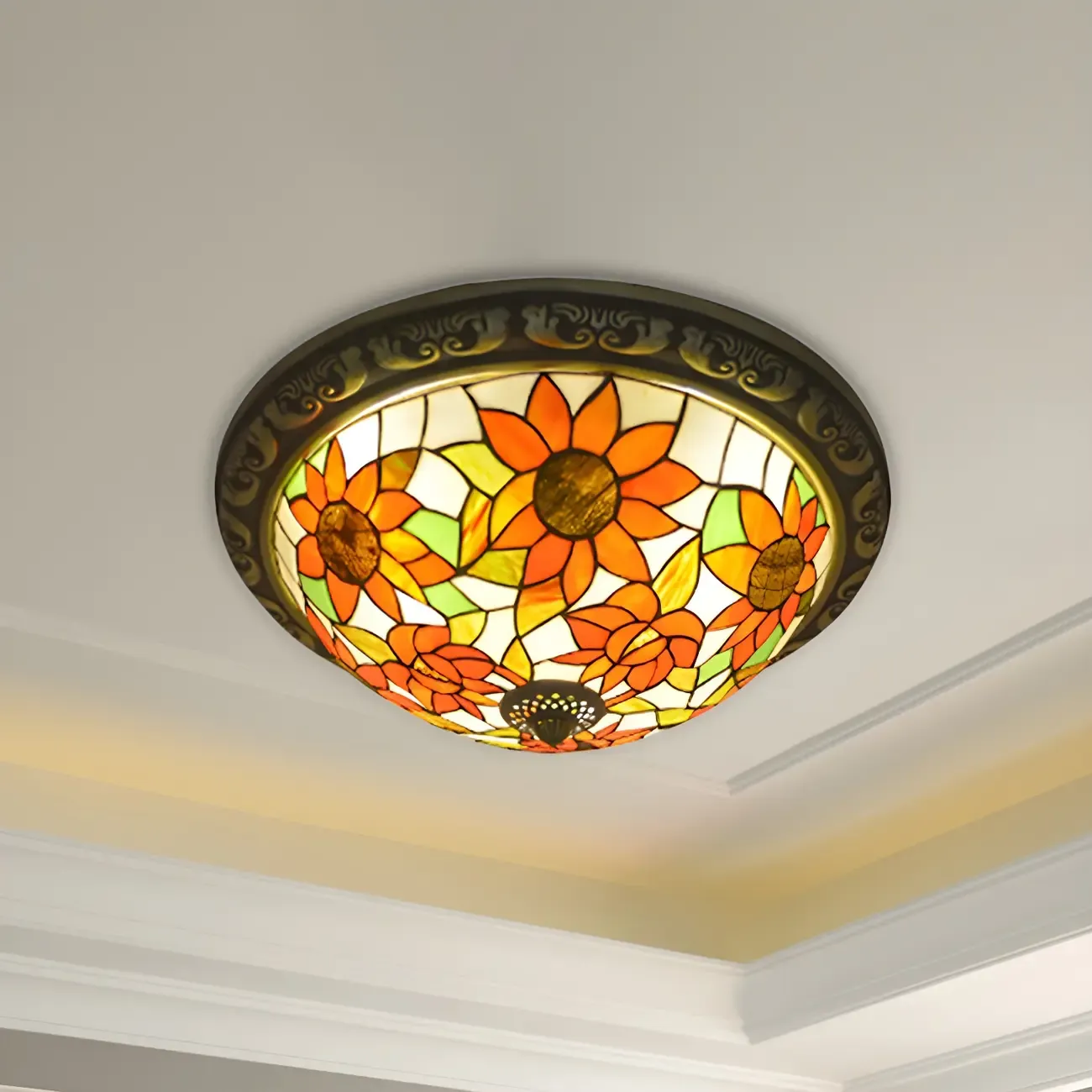 Vintage Stained Glass Dome Shade Flush Mount Ceiling Light