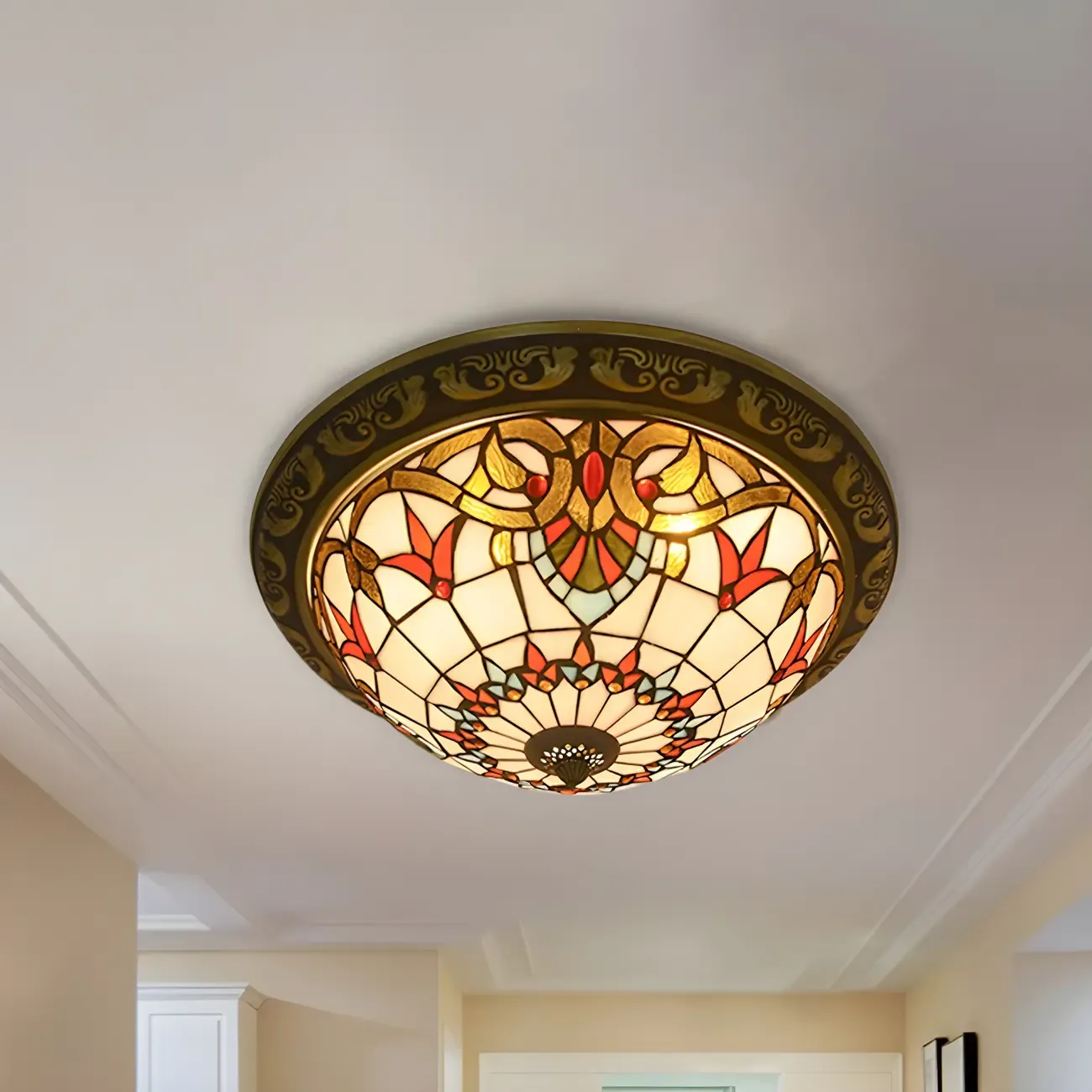 Vintage Stained Glass Dome Shade Flush Mount Ceiling Light