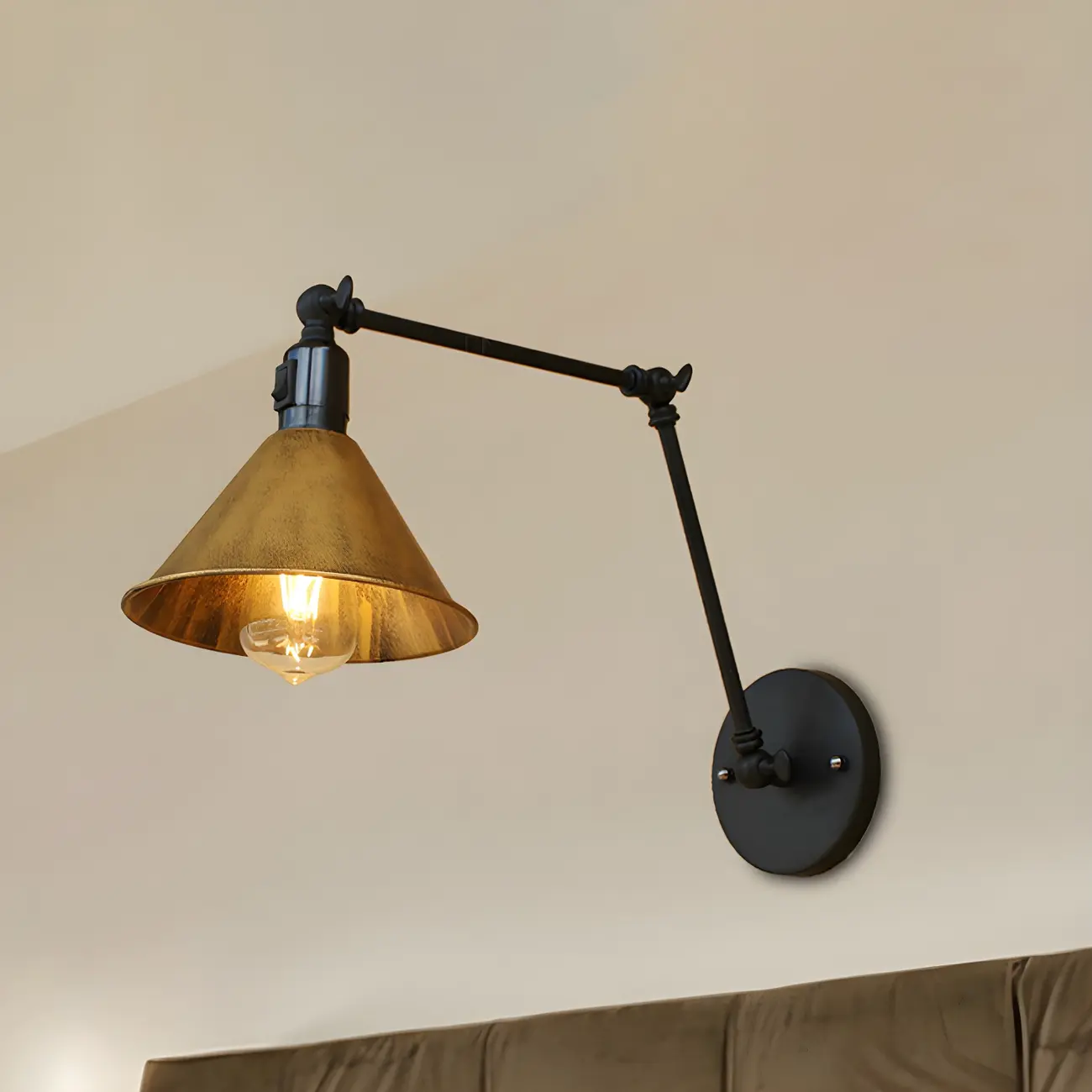 Industrial Metal Black Antique Brass Swing Arm Wall Light Image - 1 | homeyfad