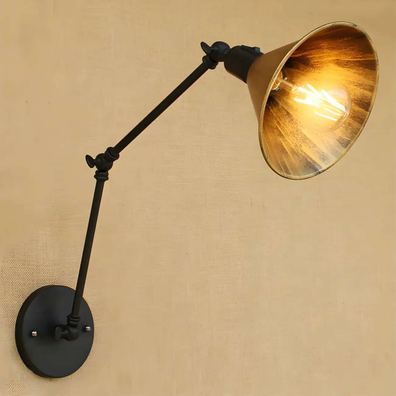 Industrial Metal Black Antique Brass Swing Arm Wall Light Image - 2