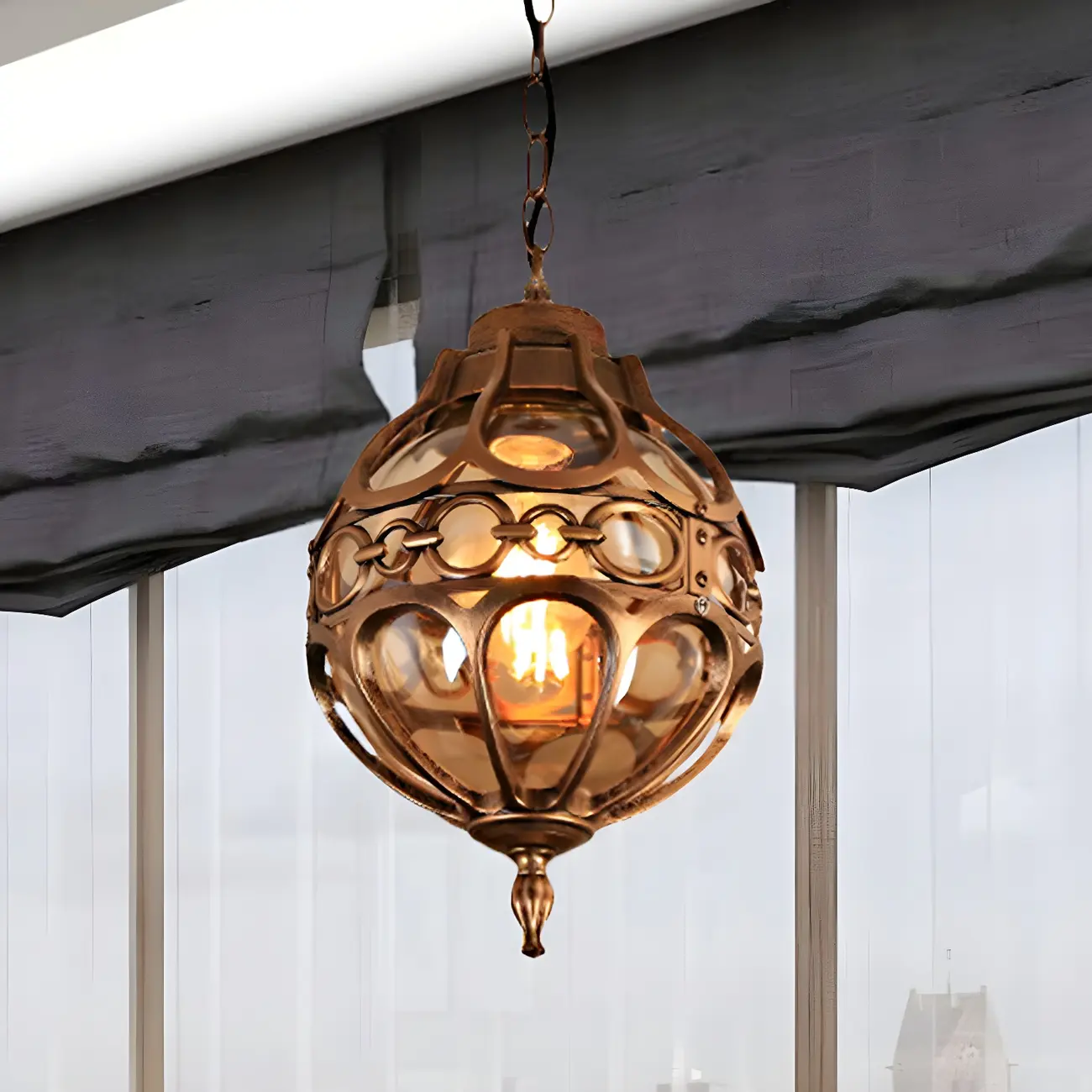 Rustic Bronze Metal Globe Outdoor LED Hanging Light | homeyfad