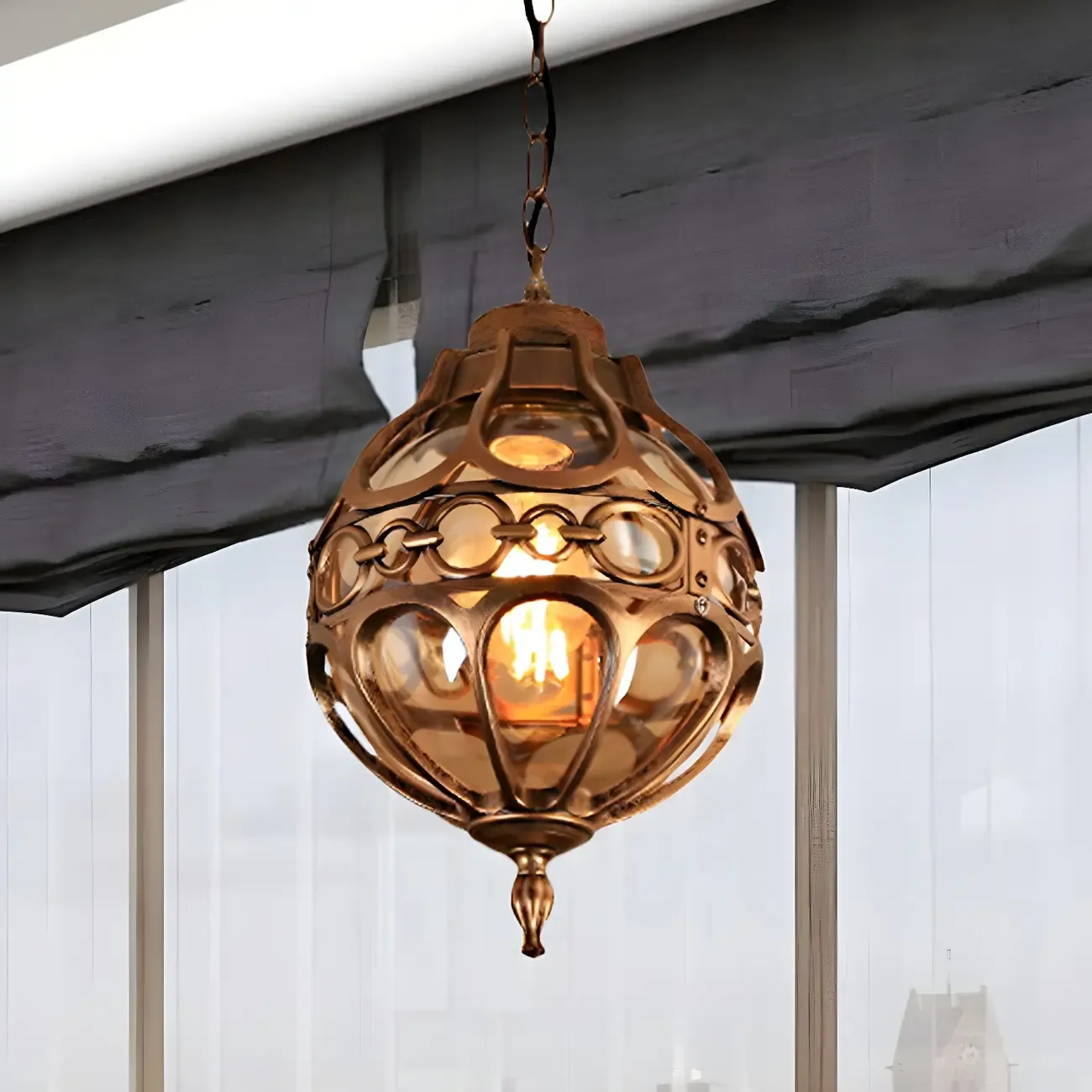 Rustic Bronze Metal Globe Outdoor LED Hanging Light