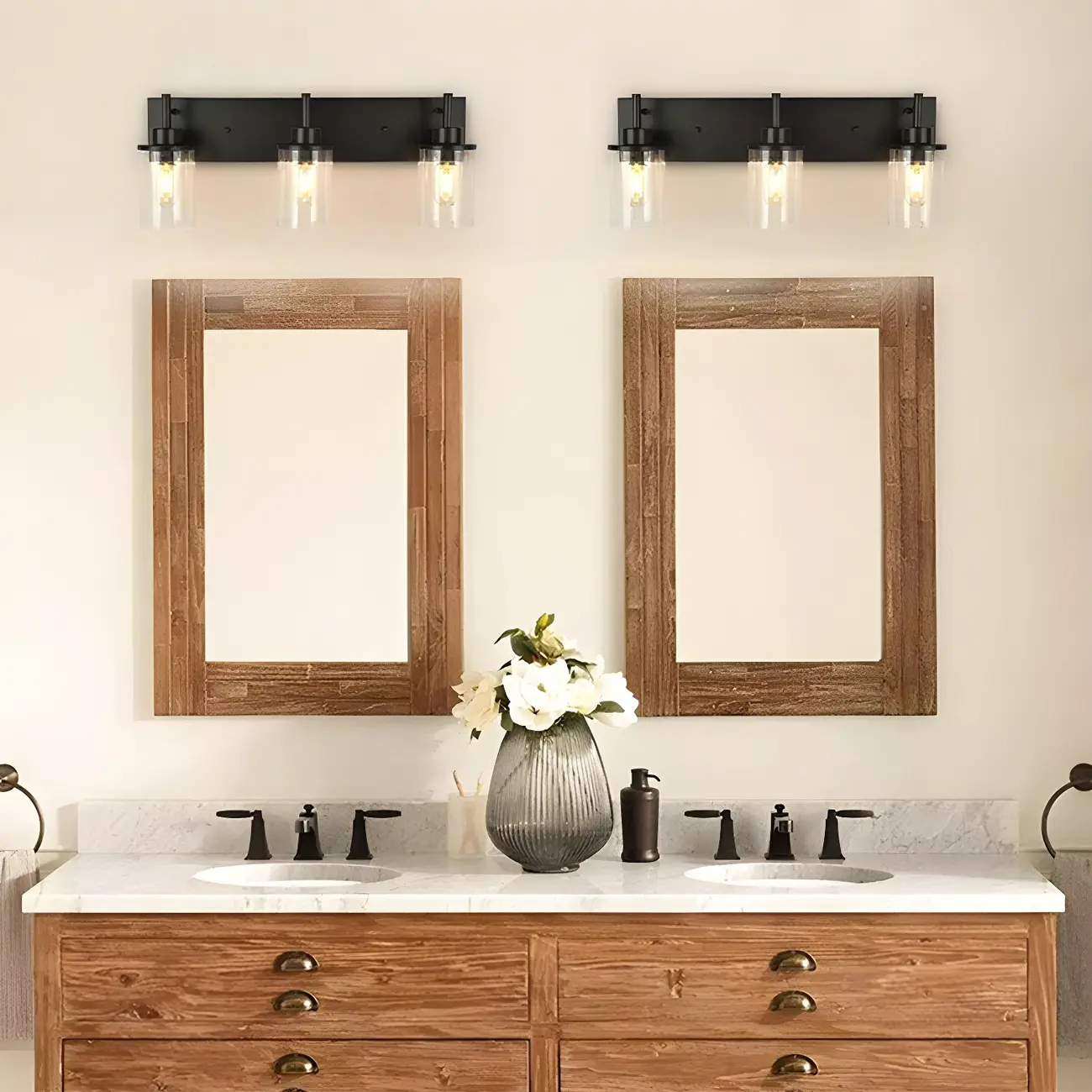 Industrial Metal Black Bathroom Vanity Light Cylinder Glass Shade Image - 2 | homeyfad