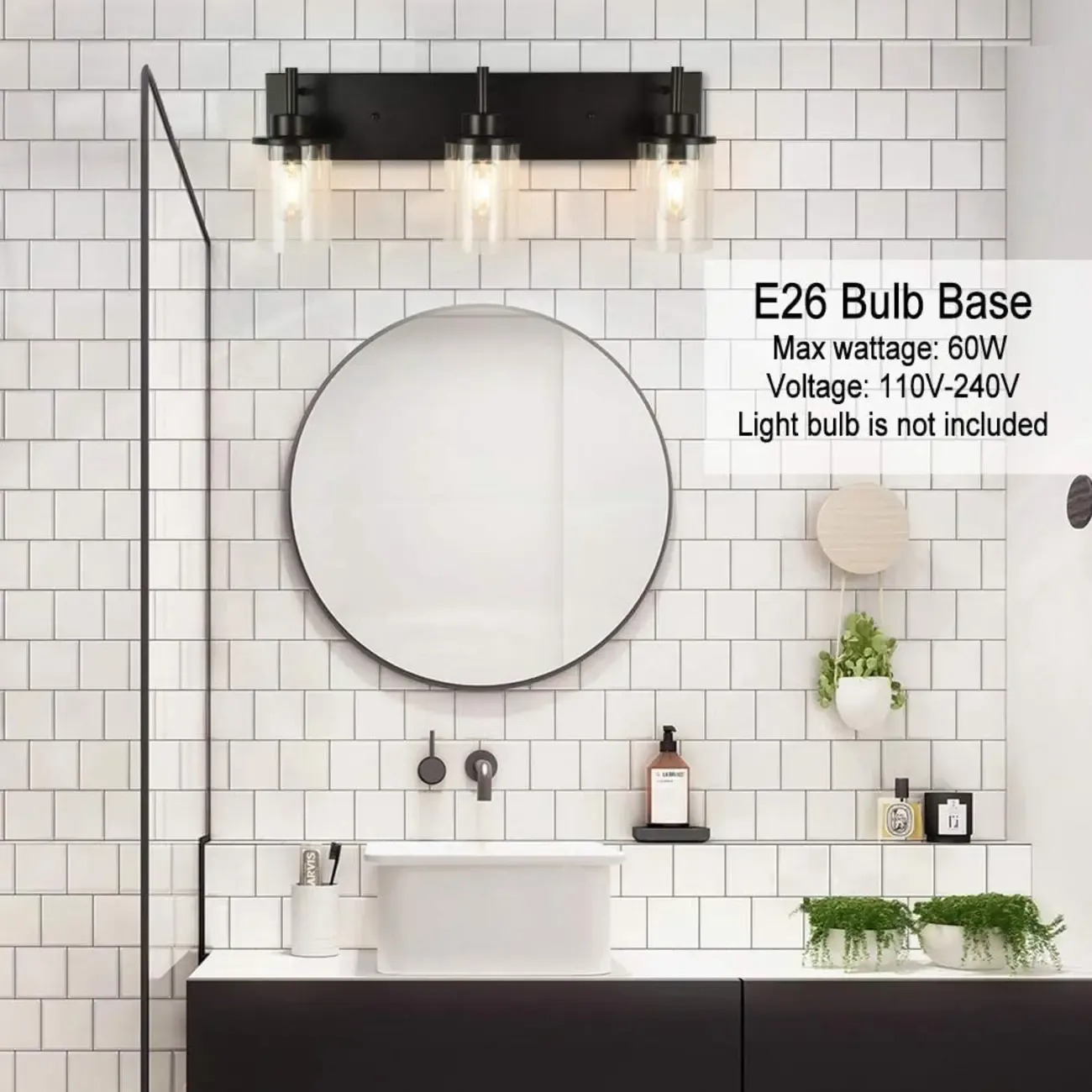 Industrial Metal Black Bathroom Vanity Light Cylinder Glass Shade Image - 6