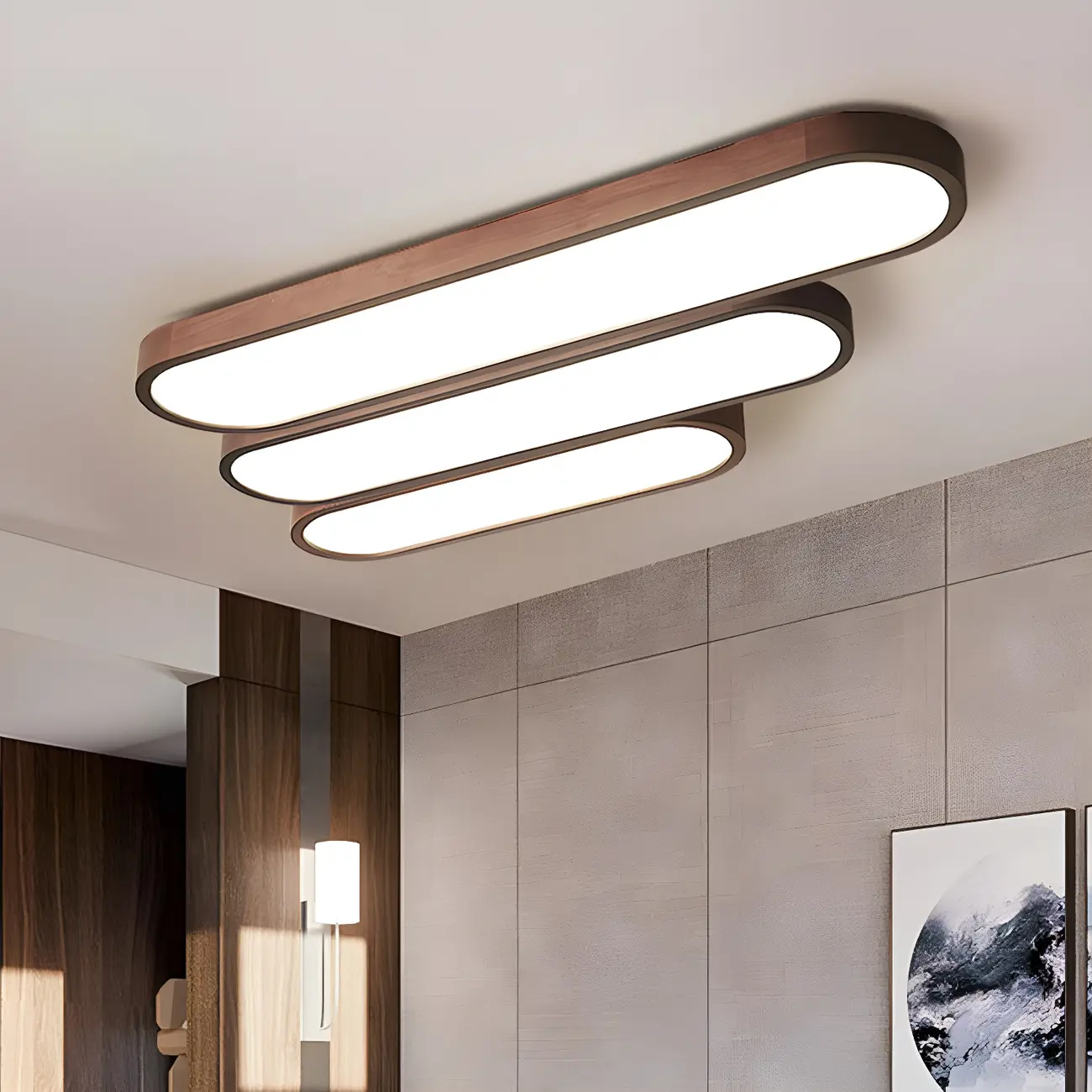 Elliptical Brown Wood Modern Flush Ceiling Light Dimmable | homeyfad