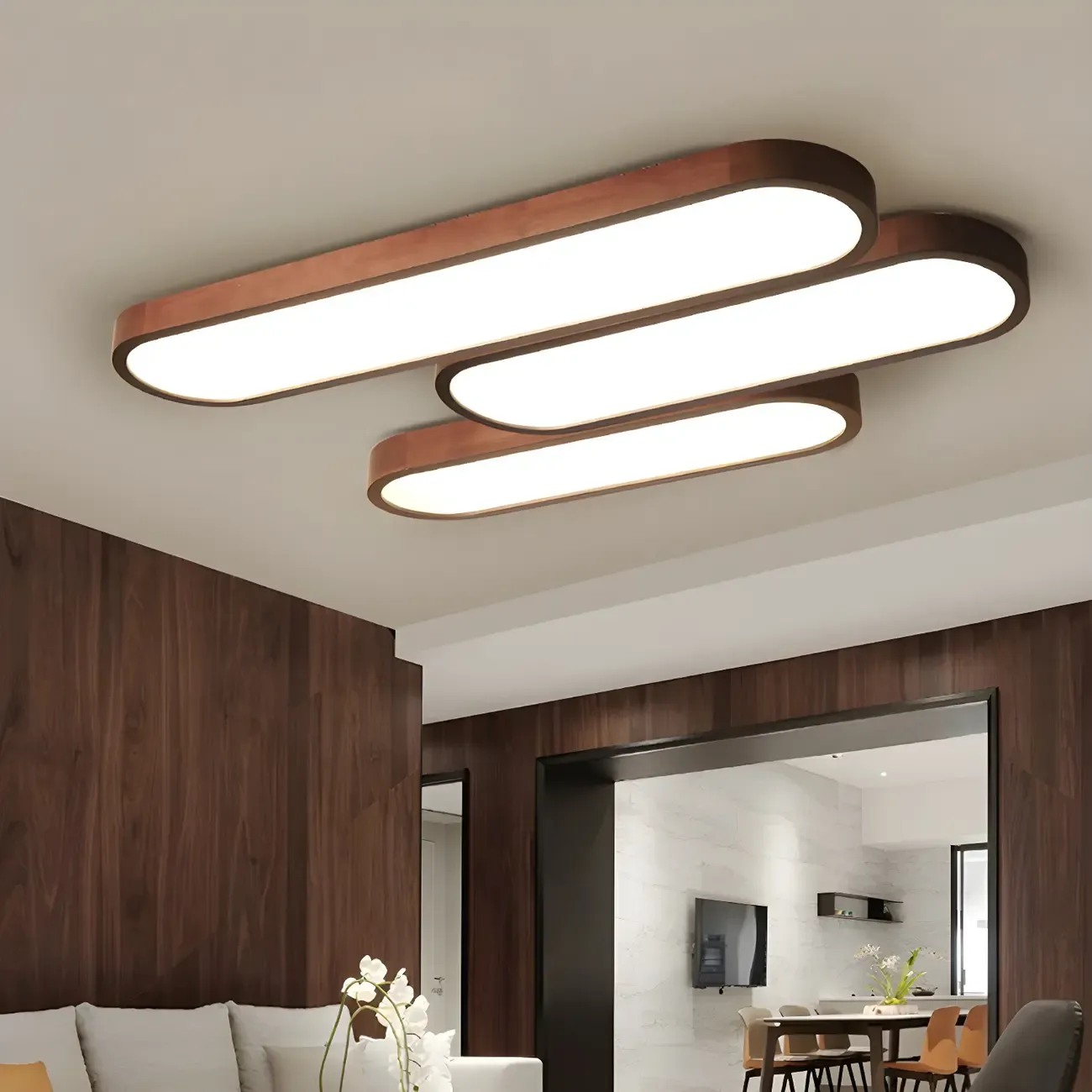 Elliptical Brown Wood Modern Flush Ceiling Light Dimmable