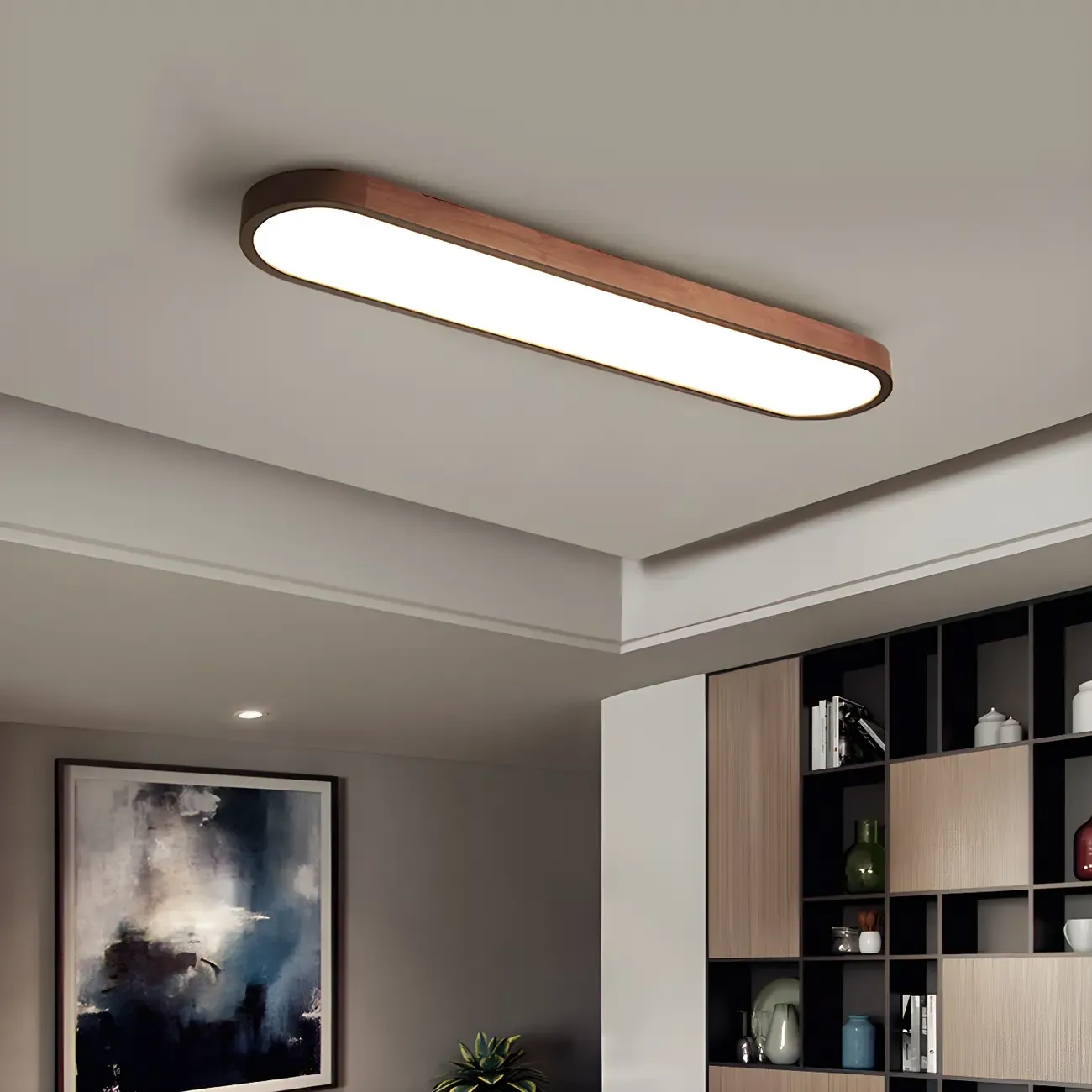Elliptical Brown Wood Modern Flush Ceiling Light Dimmable