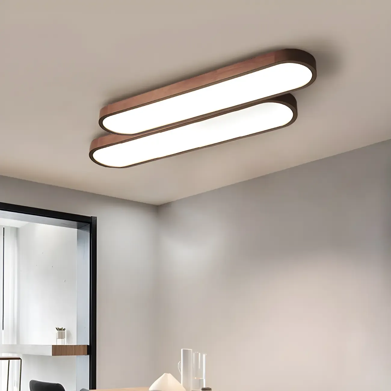 Elliptical Brown Wood Modern Flush Ceiling Light Dimmable