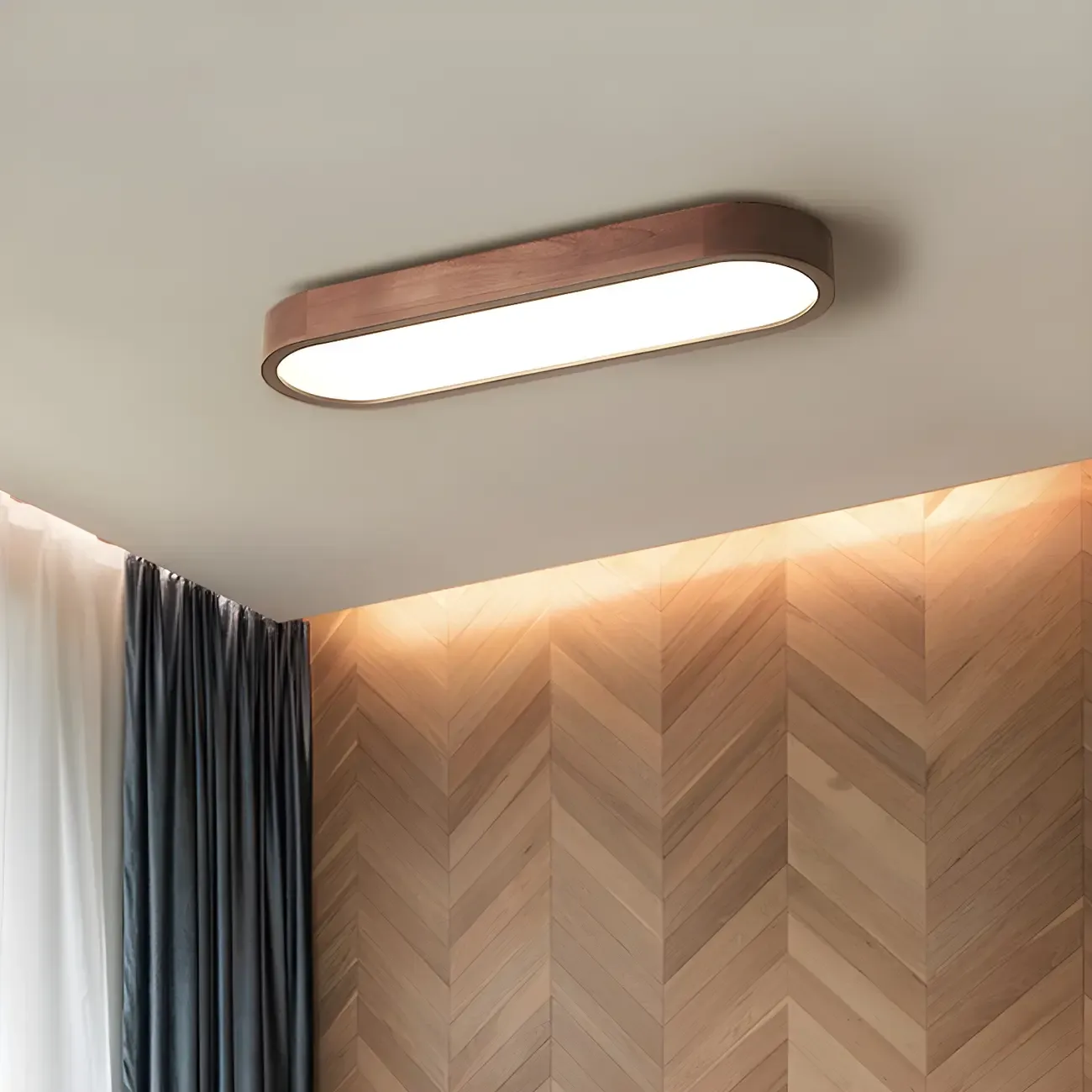 Elliptical Brown Wood Modern Flush Ceiling Light Dimmable