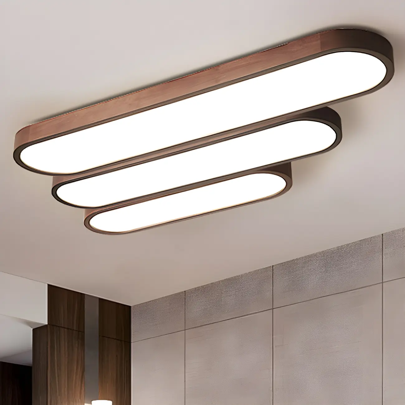 Elliptical Brown Wood Modern Flush Ceiling Light Dimmable | homeyfad