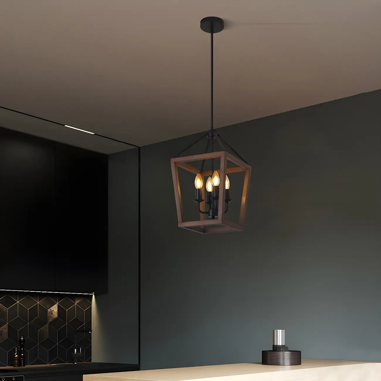 Industrial Square Brown Wooden Candelabra Chandelier Image - 3