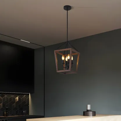 Industrial Square Brown Wooden Candelabra Chandelier Image - 3