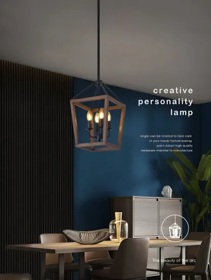 Industrial Square Brown Wooden Candelabra Chandelier Image - 4